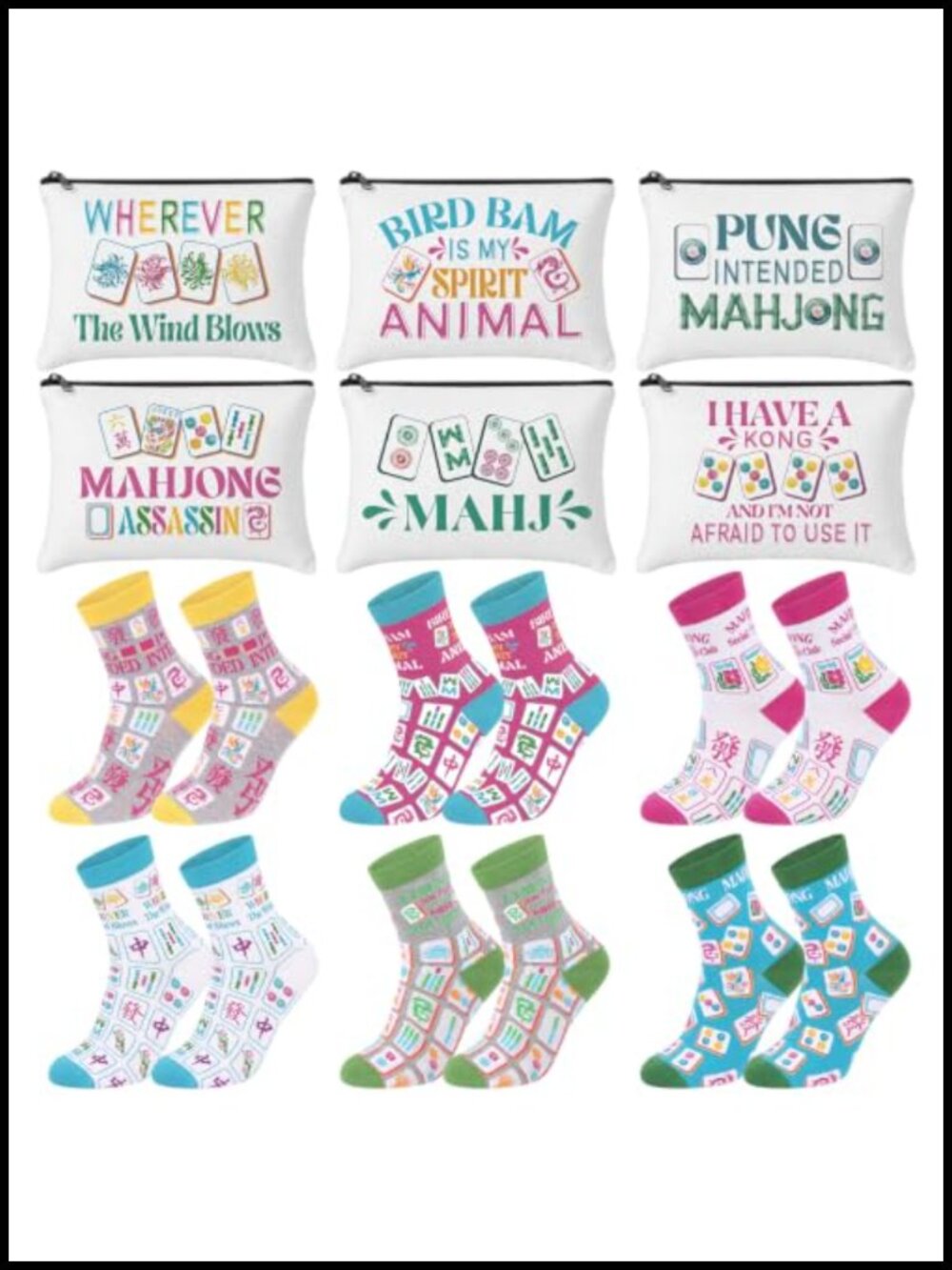 Mahjong Gift Set - 6 Canvas Cosmetic Bags & 6 Funny Socks